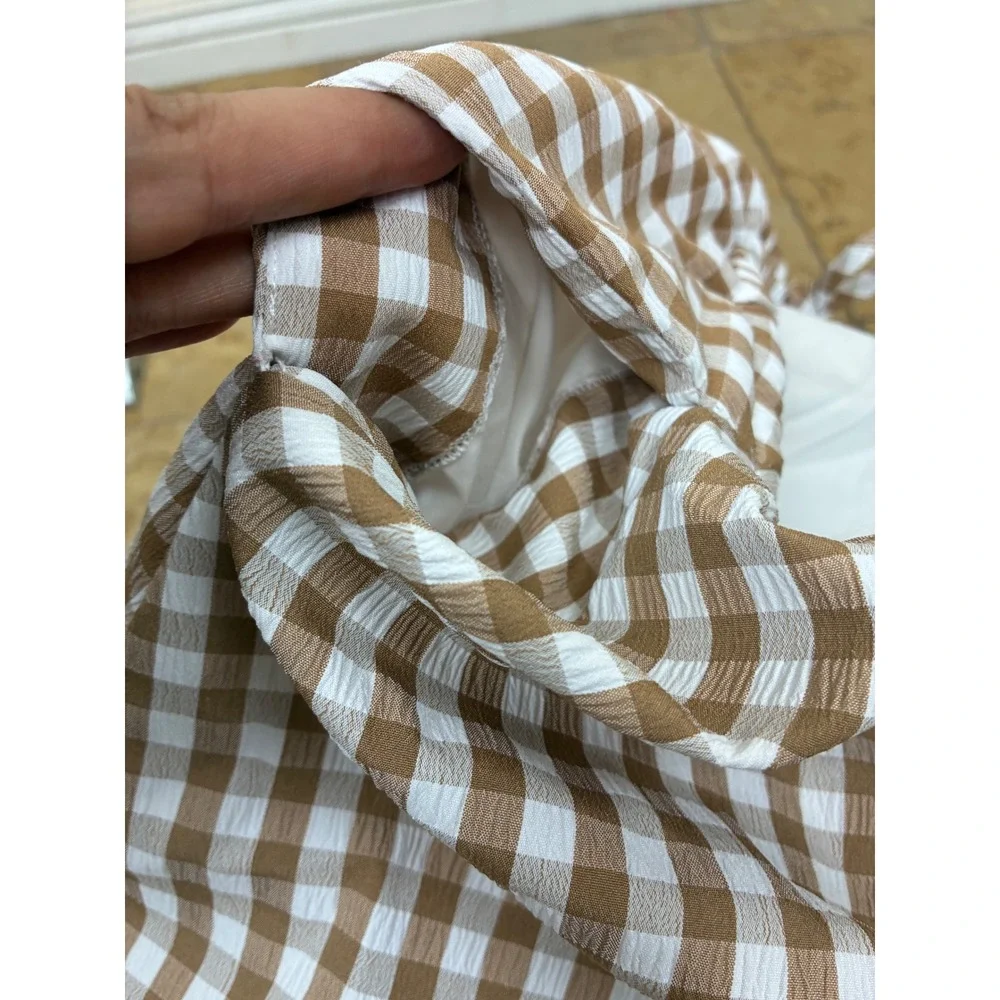 Emerson Lang Skirt XL Bubble Balloon Hem Midi Gingham Cottage Boho Brown Plaid